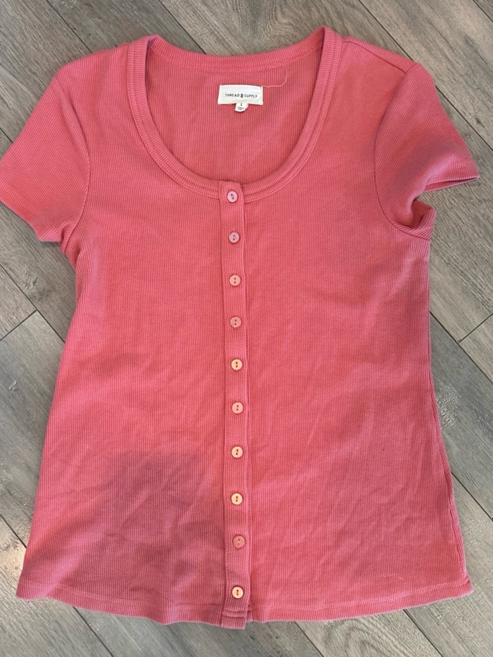 Thread & Supply Coral Ribbed Button-Front Short Sleeve Top